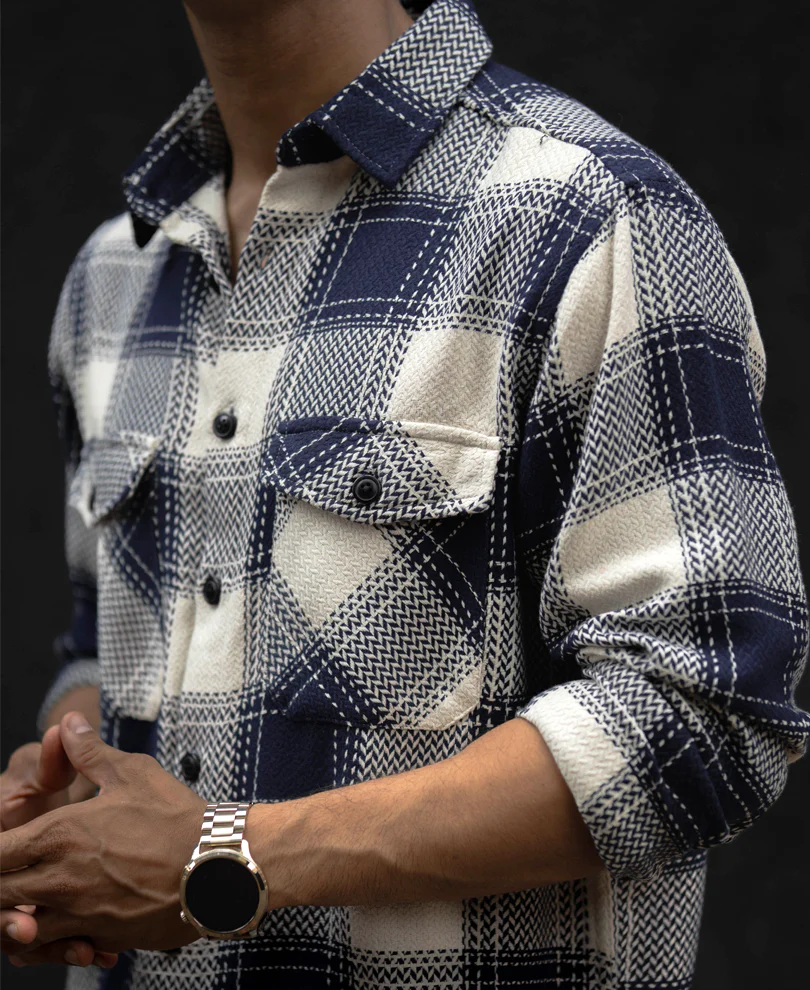 Navy Blue Regular Fit Checked Full Sleeves Shirt - Image 5