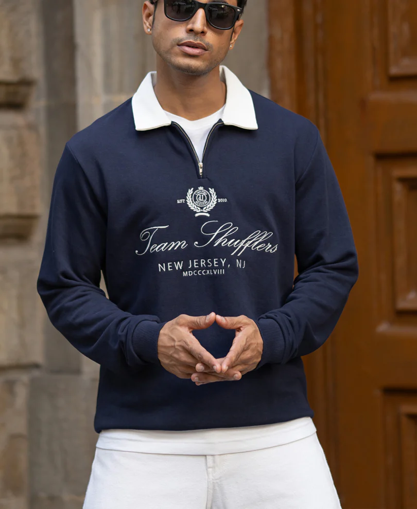 Navy Contrast Collar Embroidered Sweatshirt - Image 2