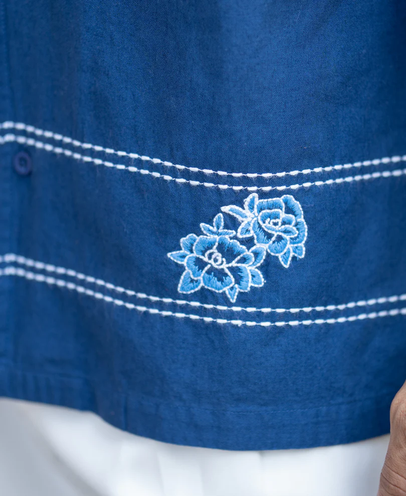 Navy Embroidered Linen Shirt - Image 4