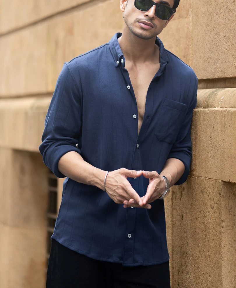 Navy Knitted Button Down Shirt - Image 3