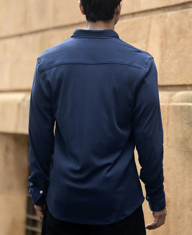Navy Knitted Button Down Shirt - Image 5