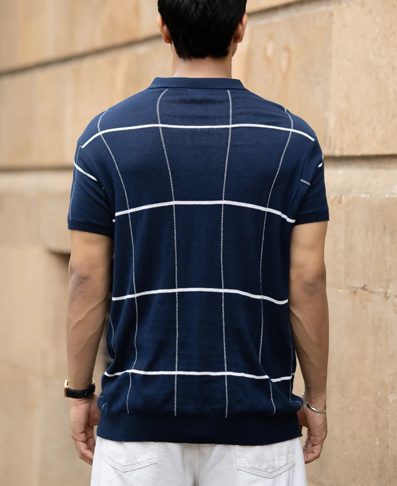 Navy Knitted Checks T-Shirt - Image 6