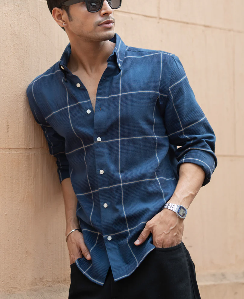 Navy Lightweight Checks Shirt - Image 2