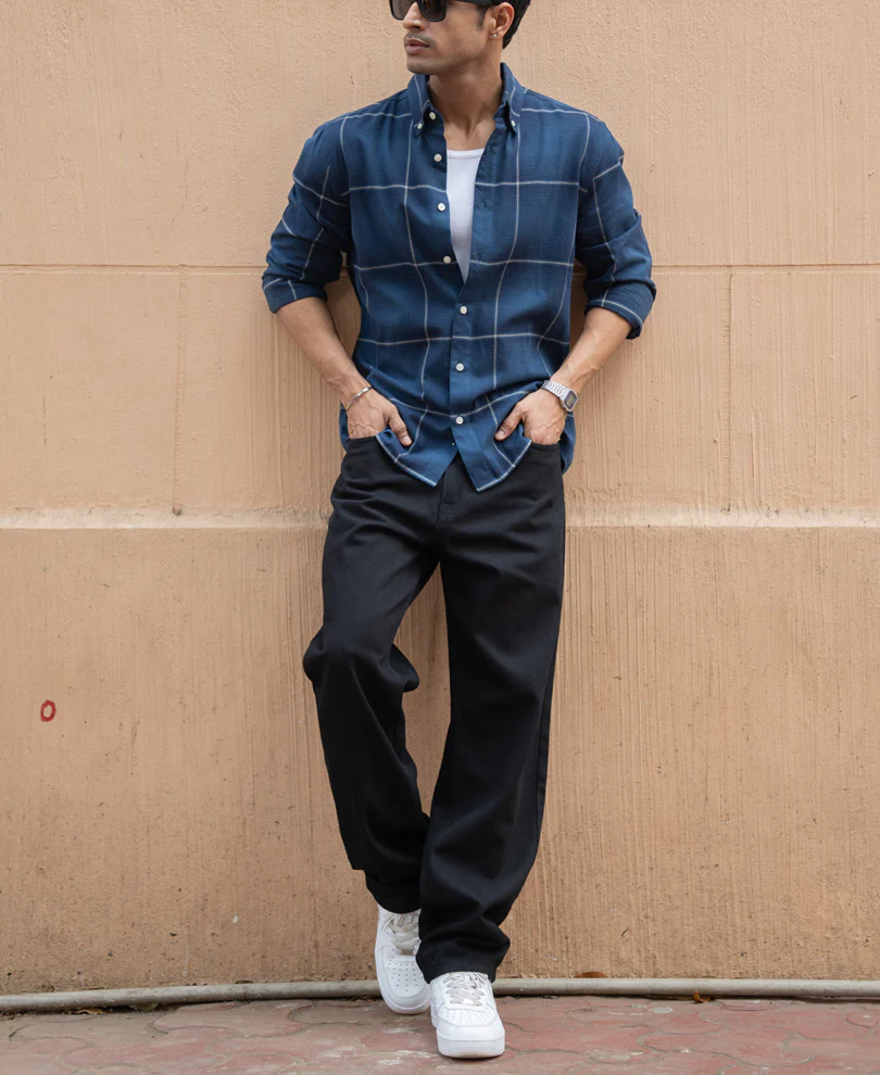 Navy Lightweight Checks Shirt - Image 6