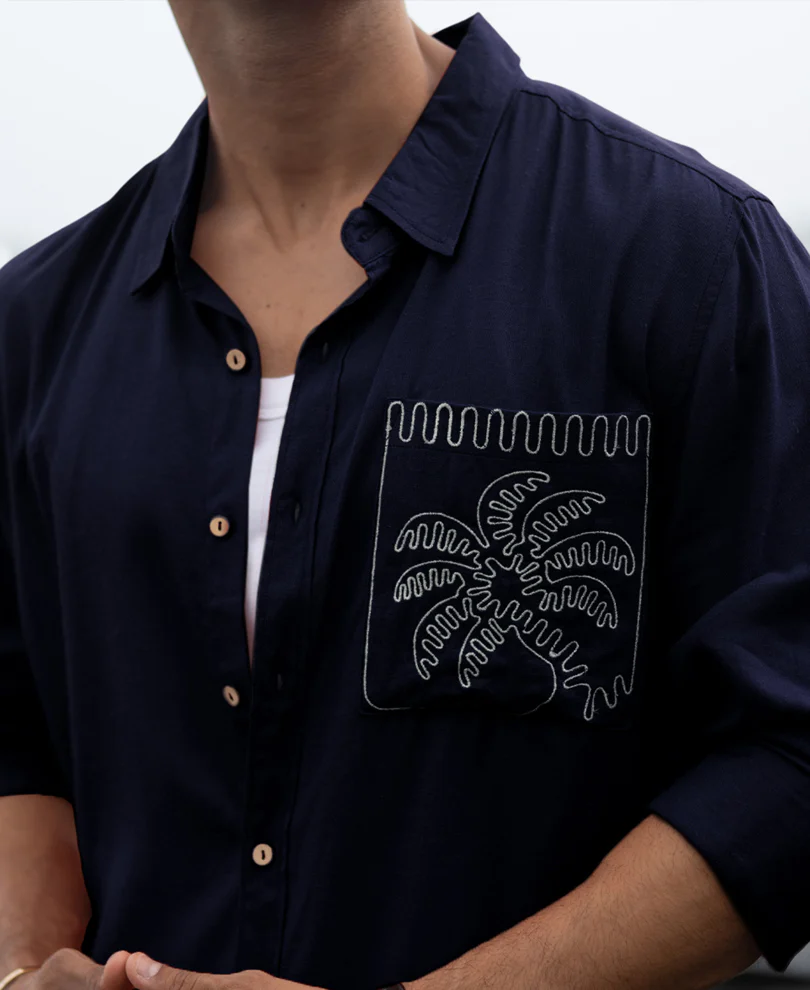 Navy Linen Blend Embroidery Shirt - Image 2