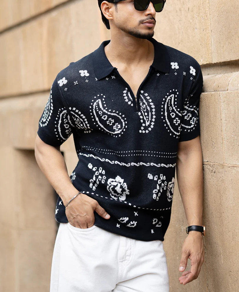 Navy Paisley Jacquard Knit T-Shirt - Image 3