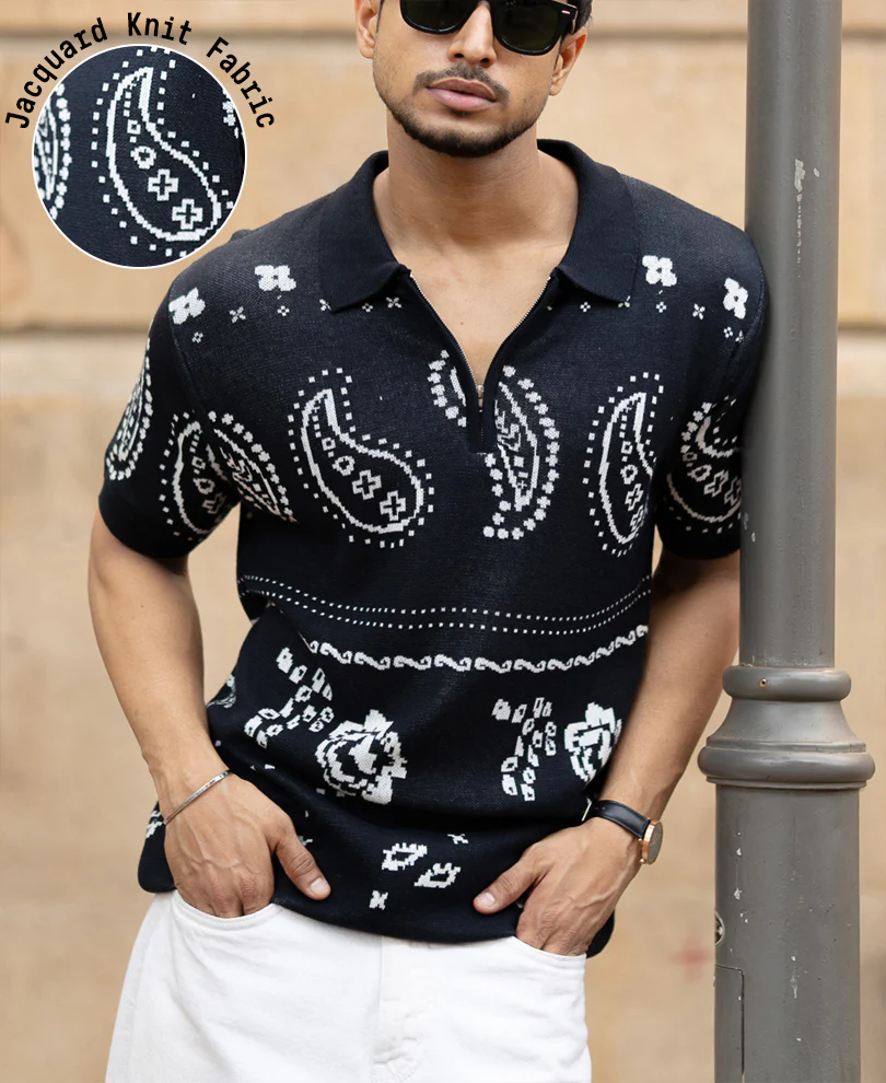 Navy Paisley Jacquard Knit T-Shirt - Image 7