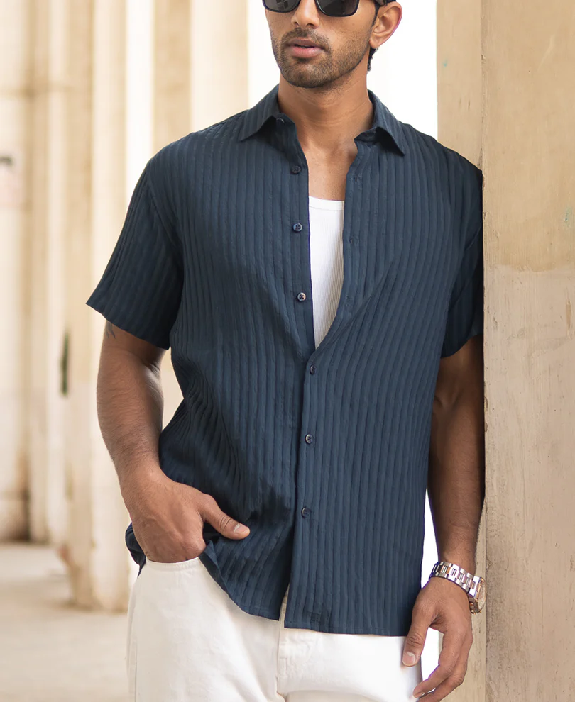 Navy Regular Fit Half Sleeves Shirt - Image 3