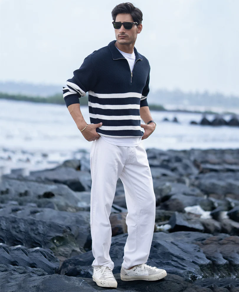 Navy Striped Zipper Neck Sweater - Image 2