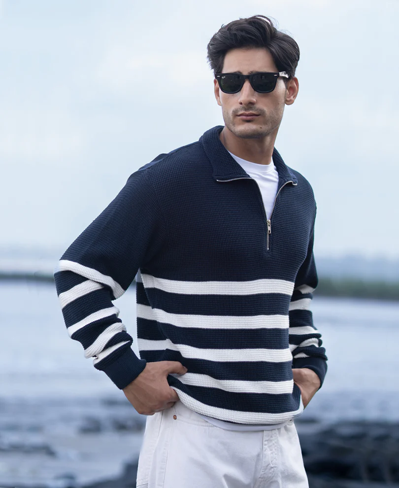 Navy Striped Zipper Neck Sweater - Image 3