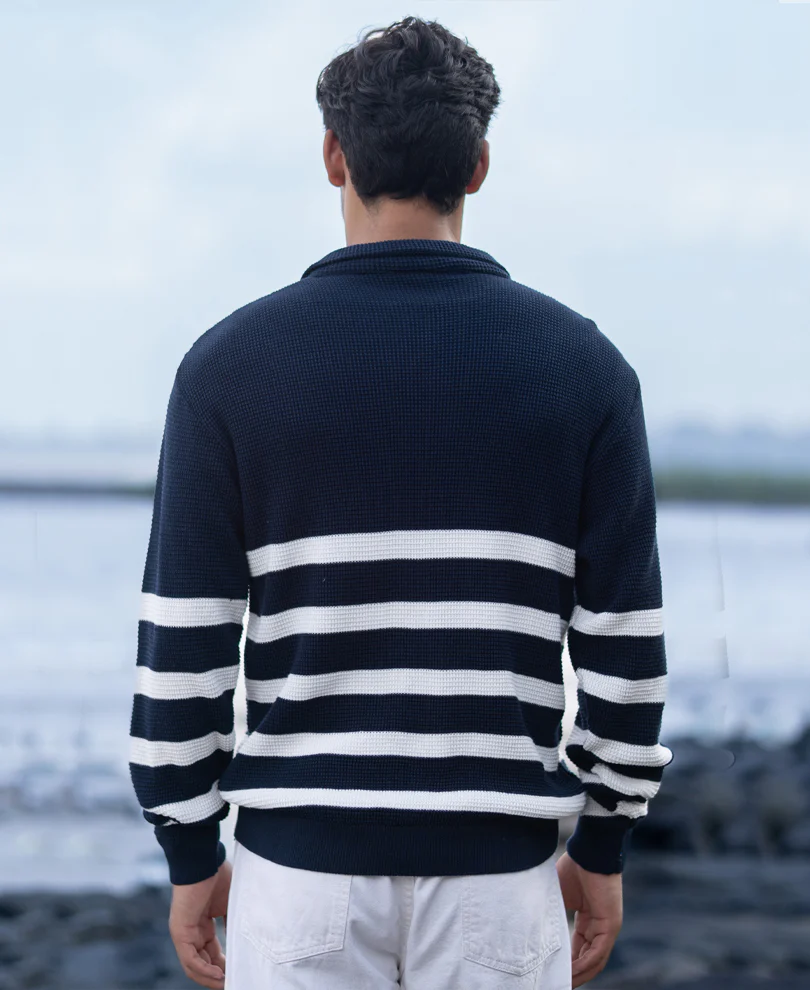 Navy Striped Zipper Neck Sweater - Image 4