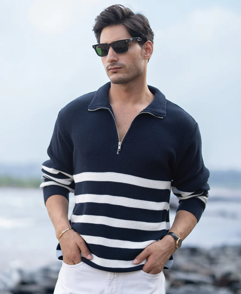 Navy Striped Zipper Neck Sweater - Image 5