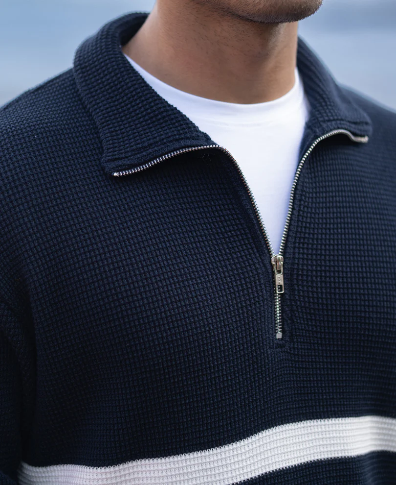 Navy Striped Zipper Neck Sweater - Image 6