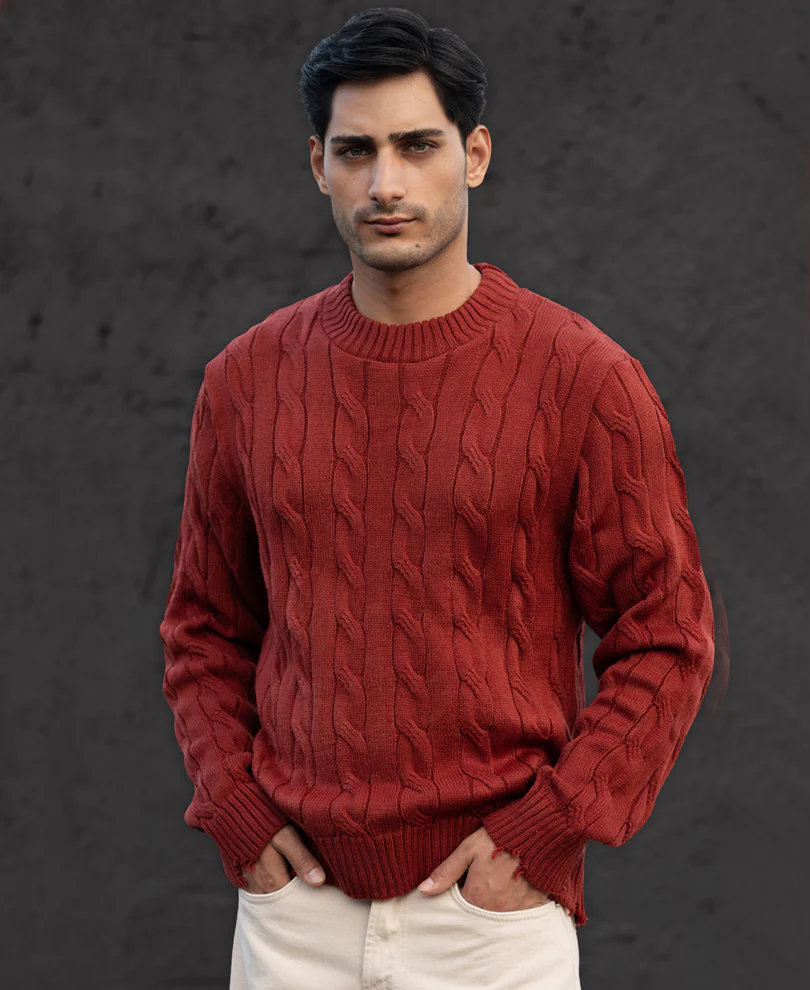 Ochre Distressed Cable Knit Sweater - Image 2
