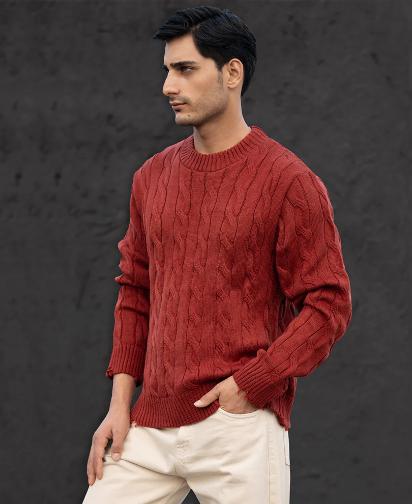 Ochre Distressed Cable Knit Sweater - Image 3