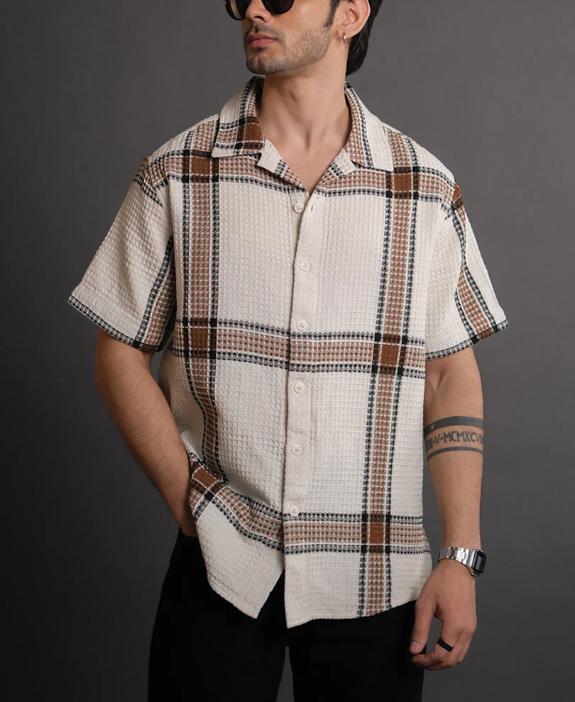 Off White and Brown Structured Checks Half Sleeves Shirt - Image 2
