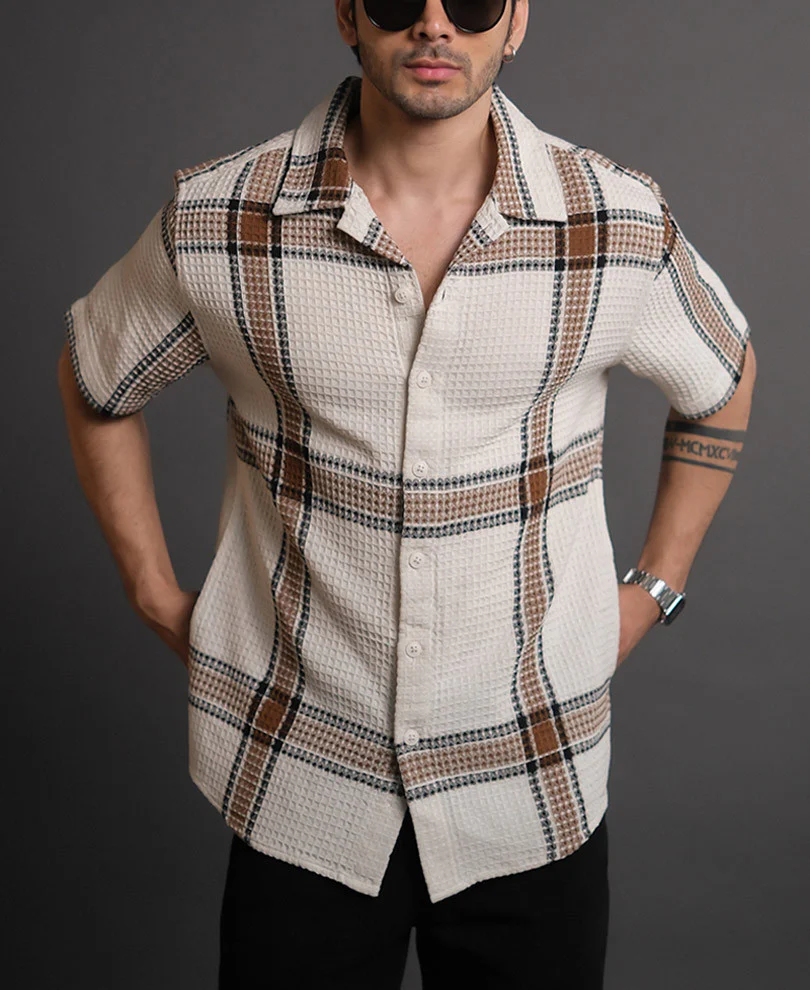 Off White and Brown Structured Checks Half Sleeves Shirt - Image 4