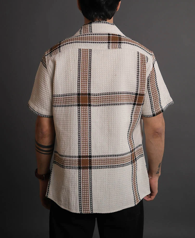 Off White and Brown Structured Checks Half Sleeves Shirt - Image 5