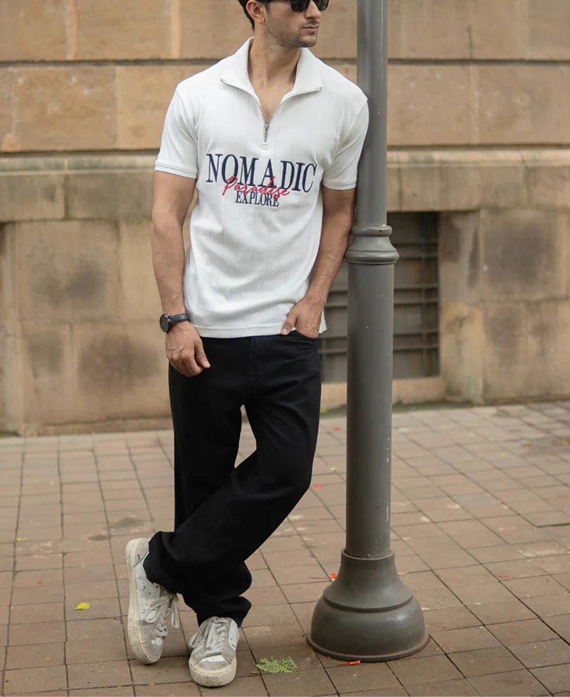 Off White Embroidered Zipper Polo T-Shirt - Image 6