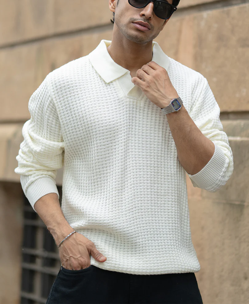 Off White Knit Polo Neck Sweater - Image 3