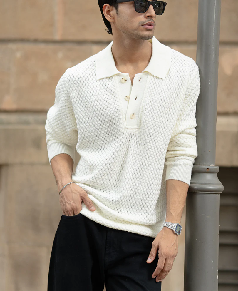 Off White Knit Polo Sweater - Image 3