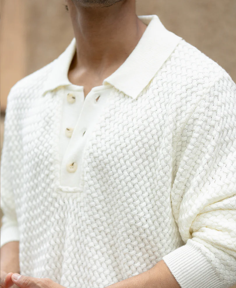Off White Knit Polo Sweater - Image 4