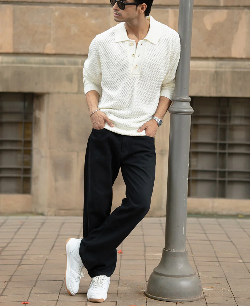 Off White Knit Polo Sweater - Image 6