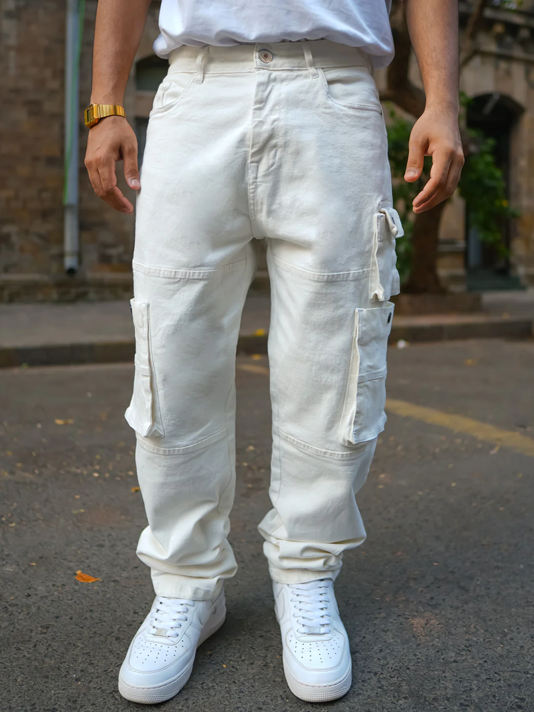 Off White Patch Pockets Denim Jeans - Image 2