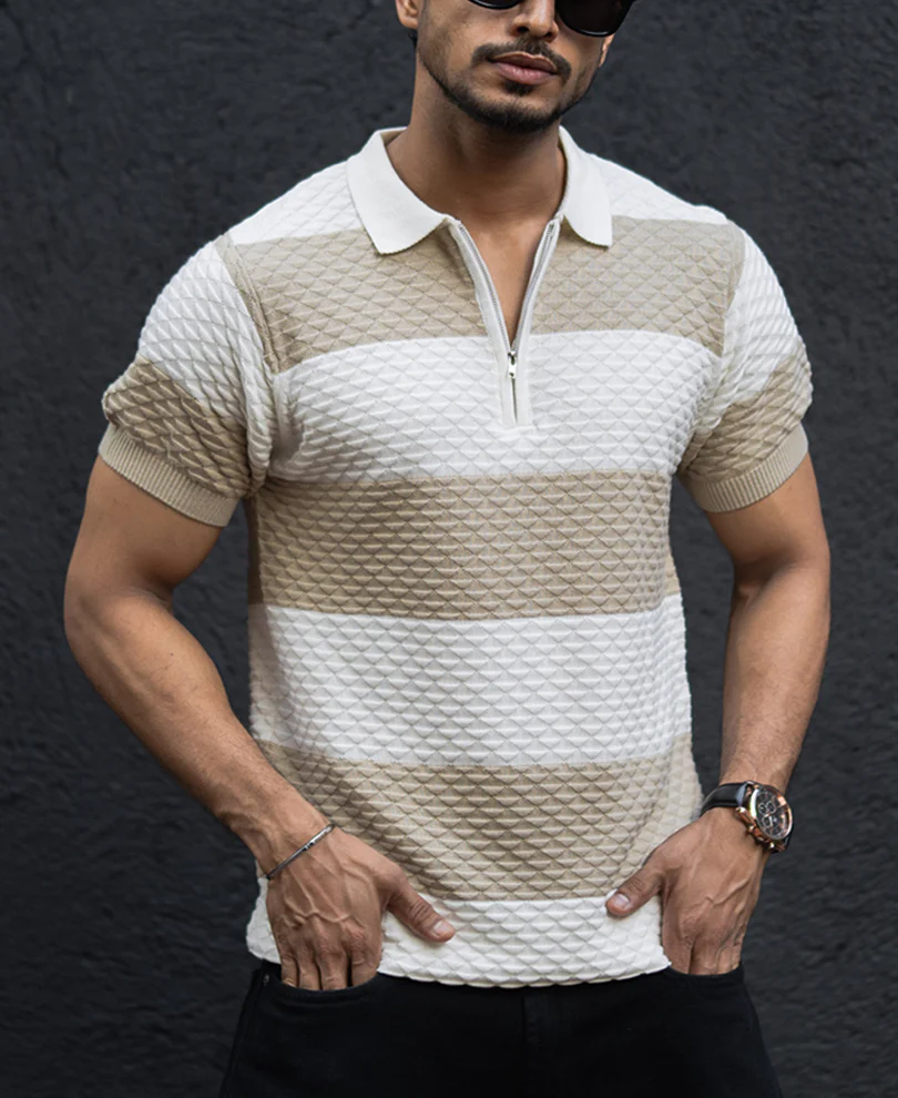 Off White Structured Striped Regular Half Sleeves T Shirt - Image 2