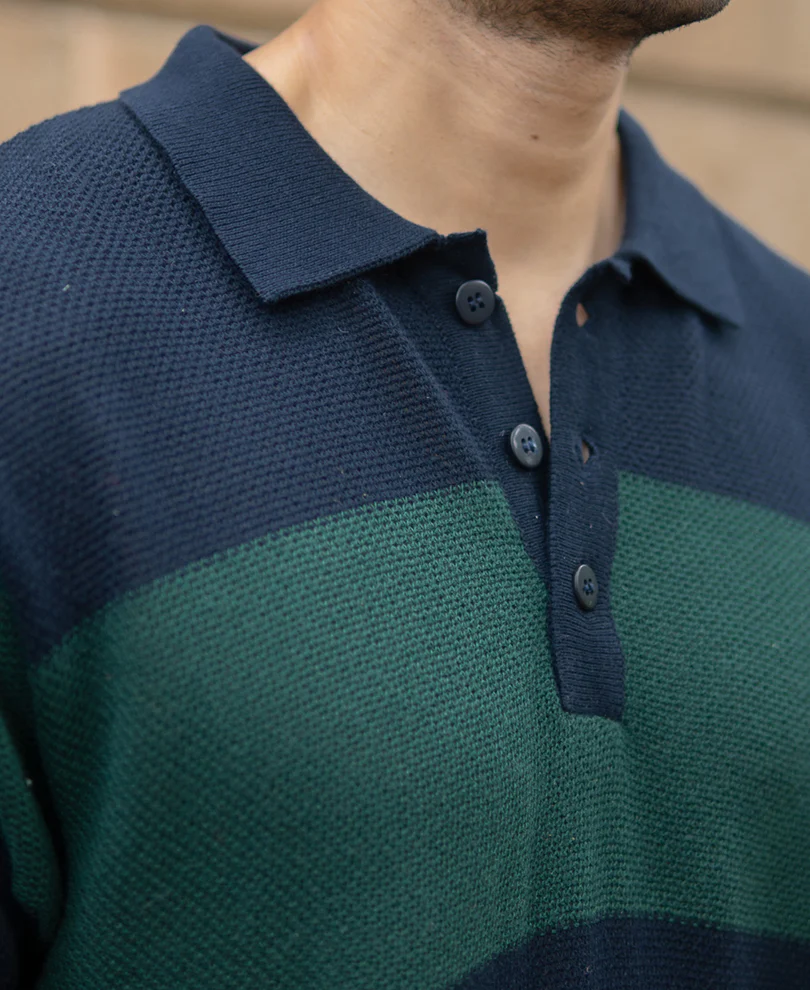 Olive And Navy Knitted Stripe T-Shirt - Image 3