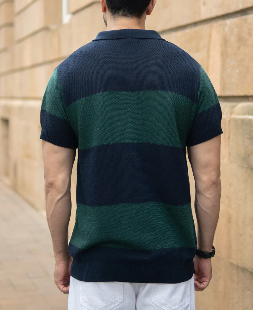 Olive And Navy Knitted Stripe T-Shirt - Image 5