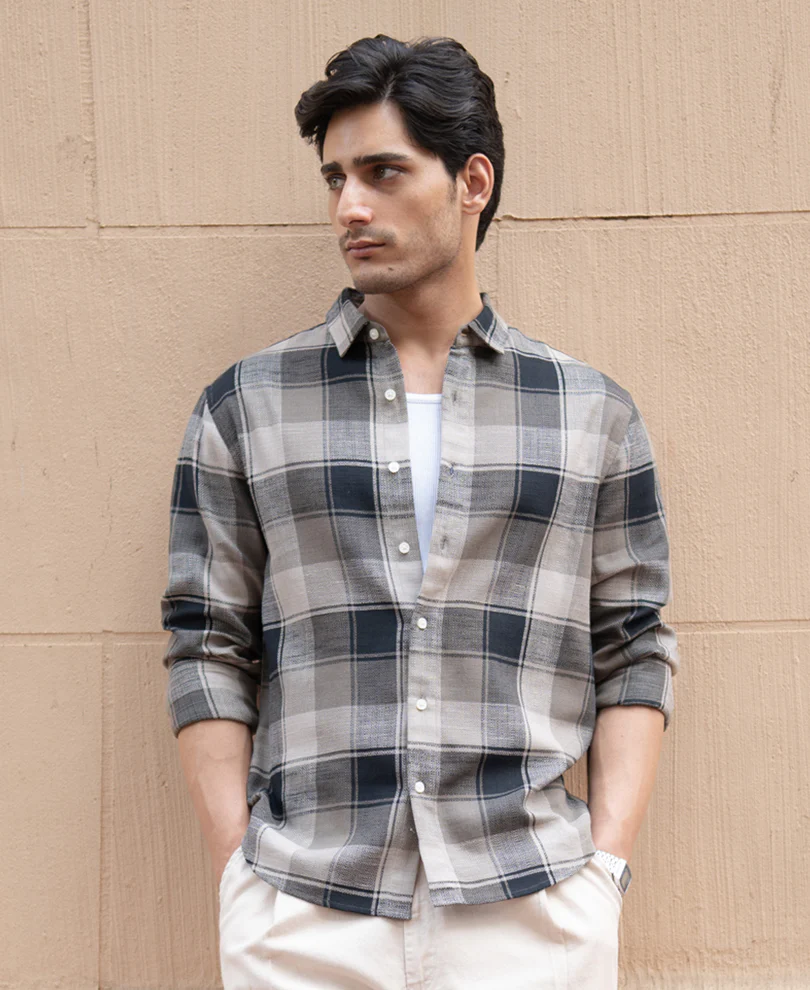 Olive & Black Structured Checks Shirt