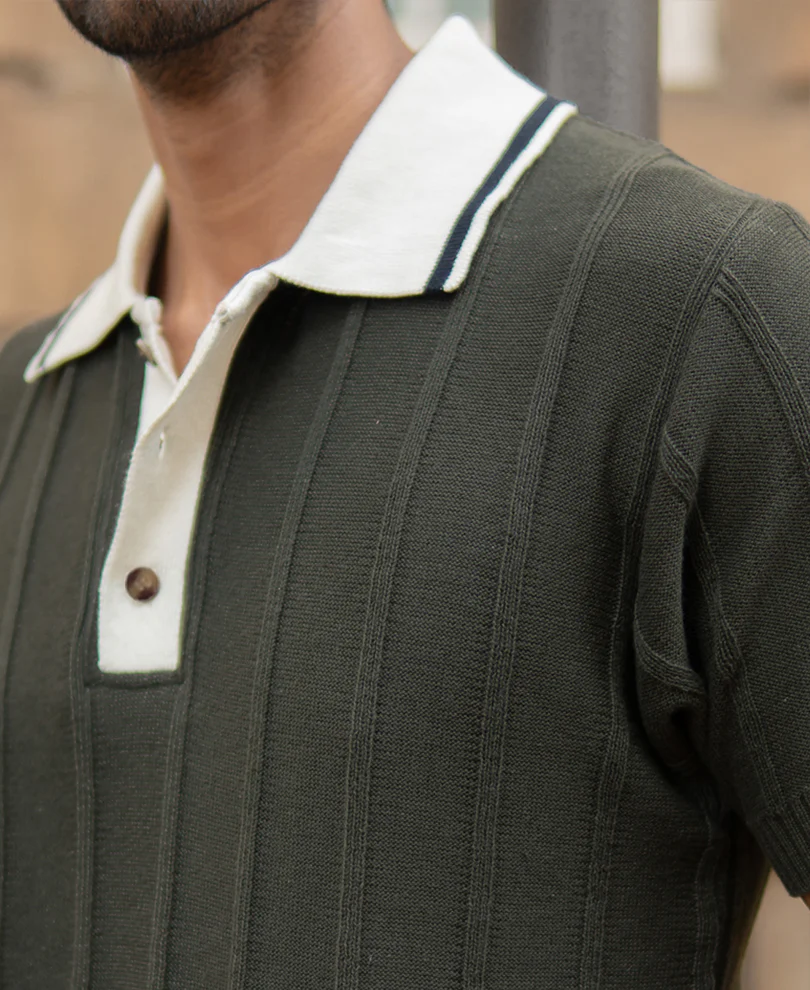 Olive Contrast Collar Knit T-Shirt - Image 4