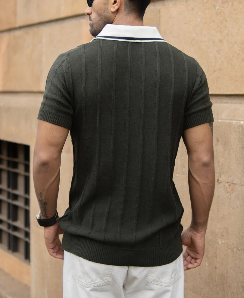 Olive Contrast Collar Knit T-Shirt - Image 5