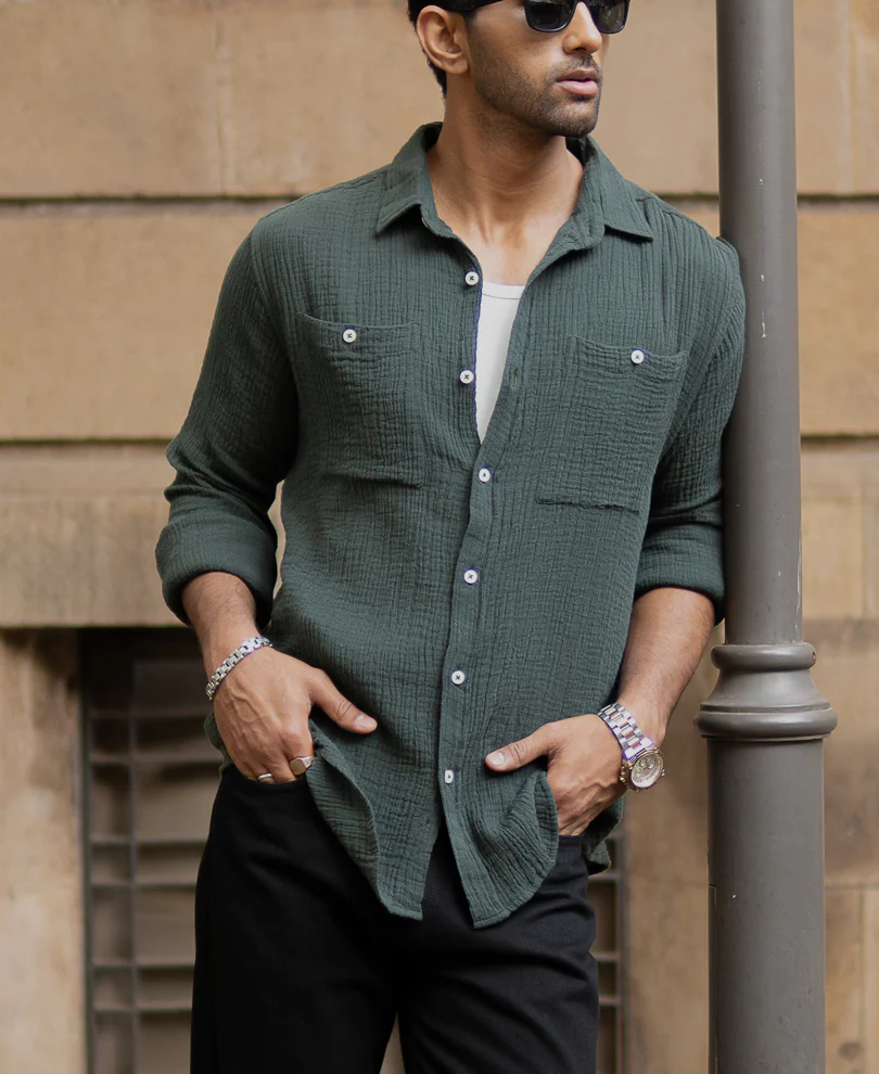 Olive Crinkled Shirt With Pockets - Image 2