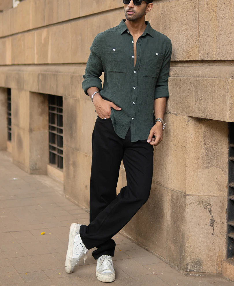Olive Crinkled Shirt With Pockets - Image 5