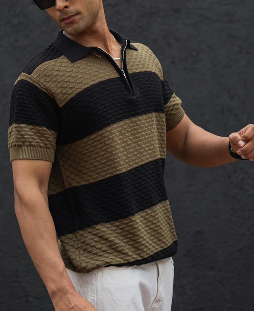 Olive Green and Black Structured Striped Regular Half Sleeves T Shirt - Image 3