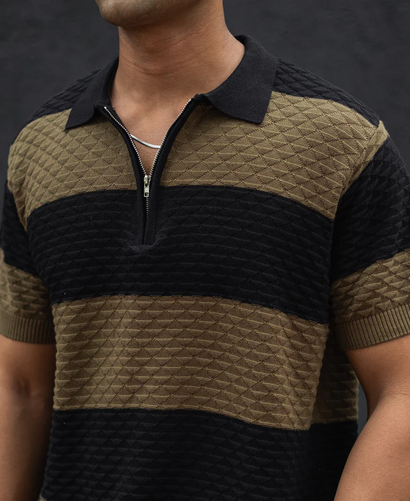 Olive Green and Black Structured Striped Regular Half Sleeves T Shirt - Image 5
