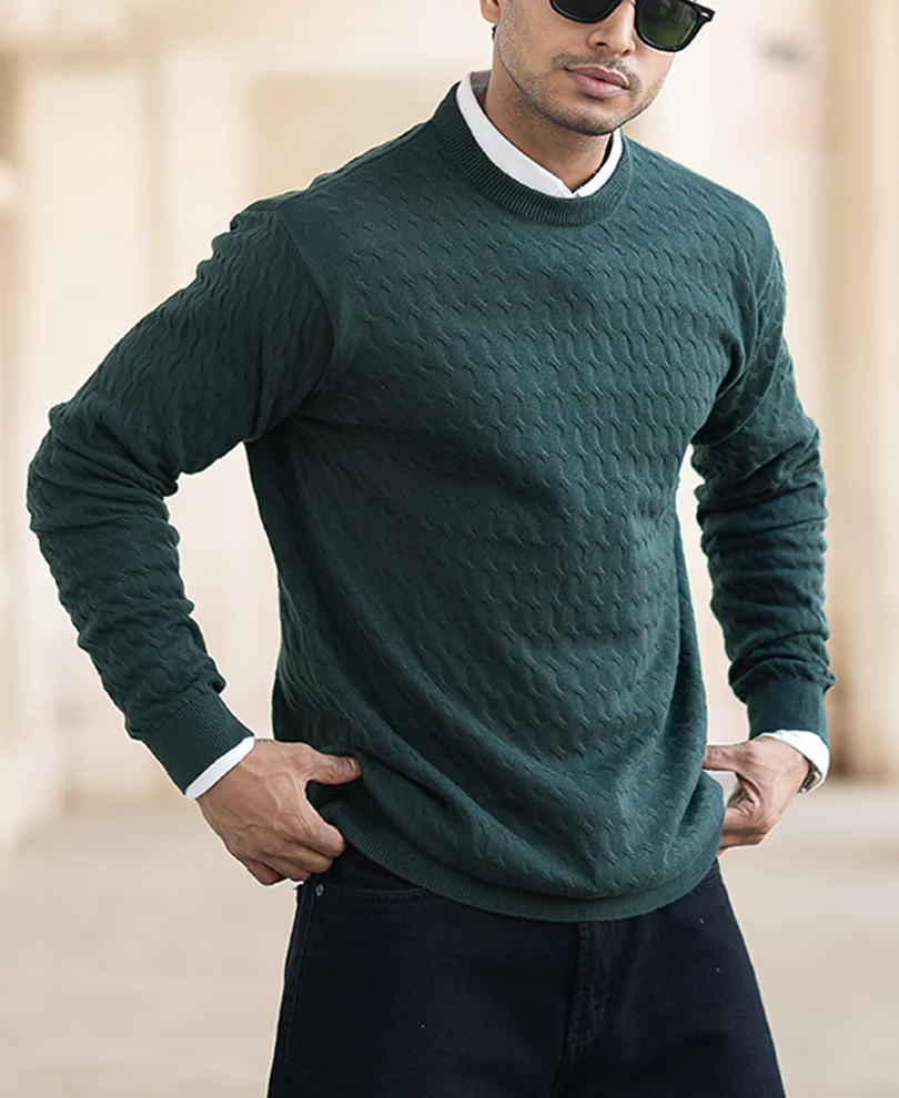 Olive Green Structured Regular Fit Full Sleeves T-Shirt - Image 2