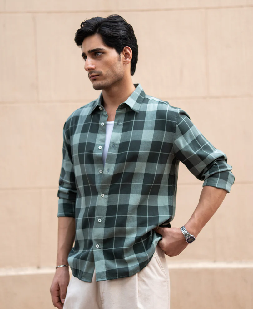 Olive Lightweight Checks Shirt - Image 3