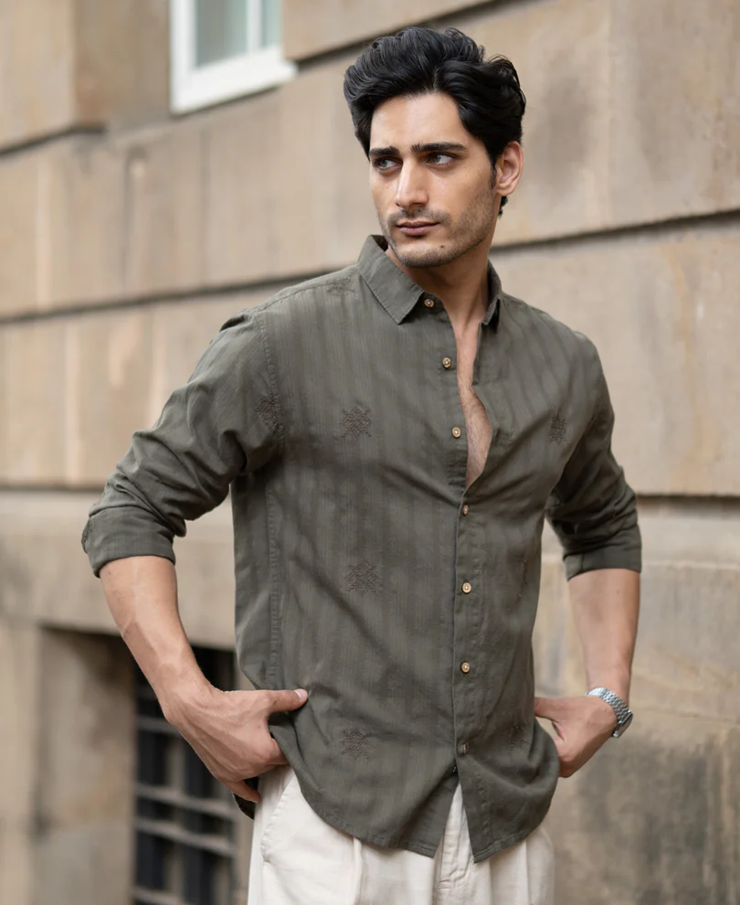 Olive Structure Embroidered Shirt - Image 2