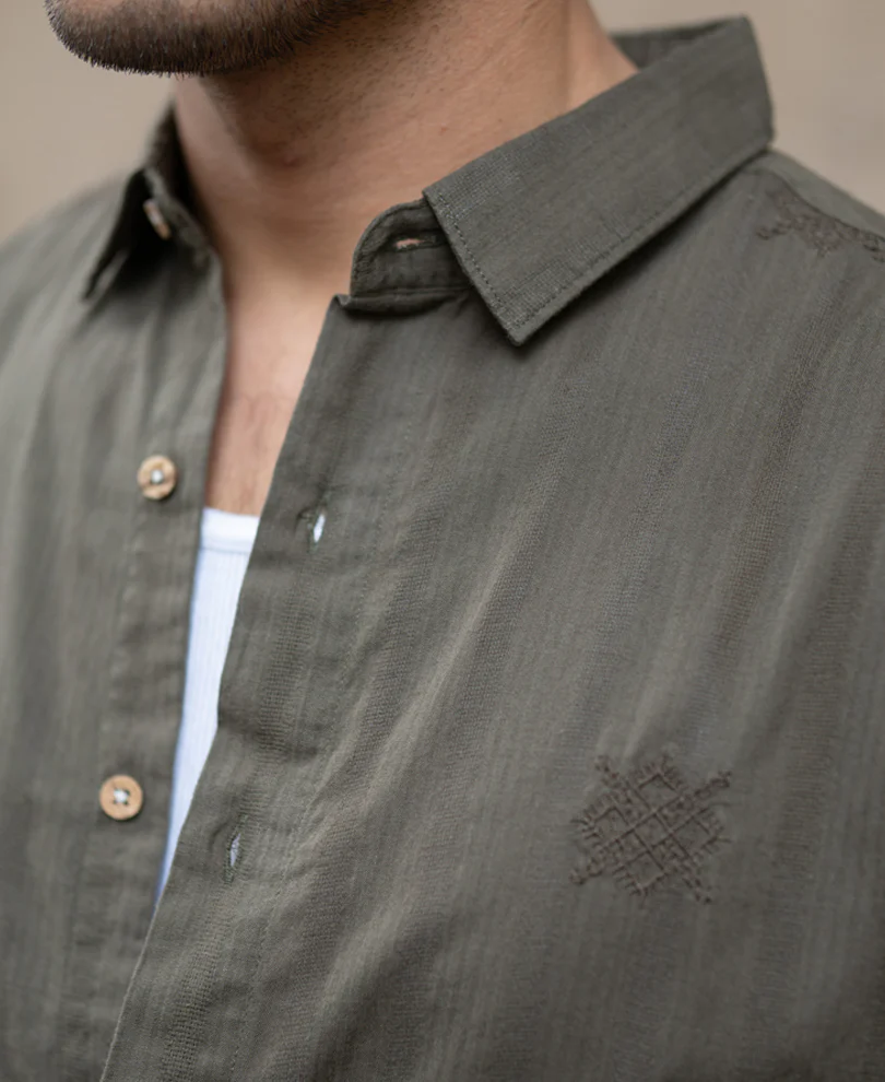 Olive Structure Embroidered Shirt - Image 5