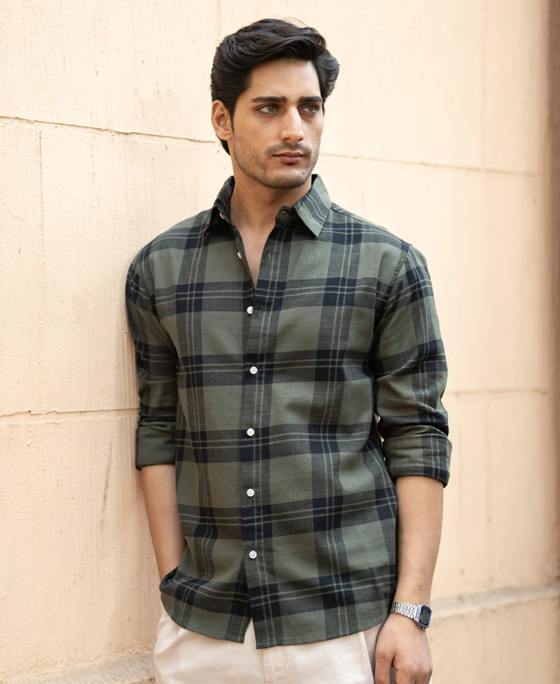 Olive Structured Checks Shirt - Image 2