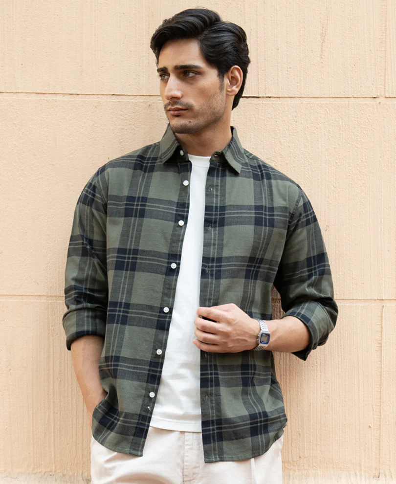 Olive Structured Checks Shirt - Image 3