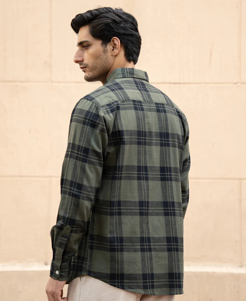 Olive Structured Checks Shirt - Image 6