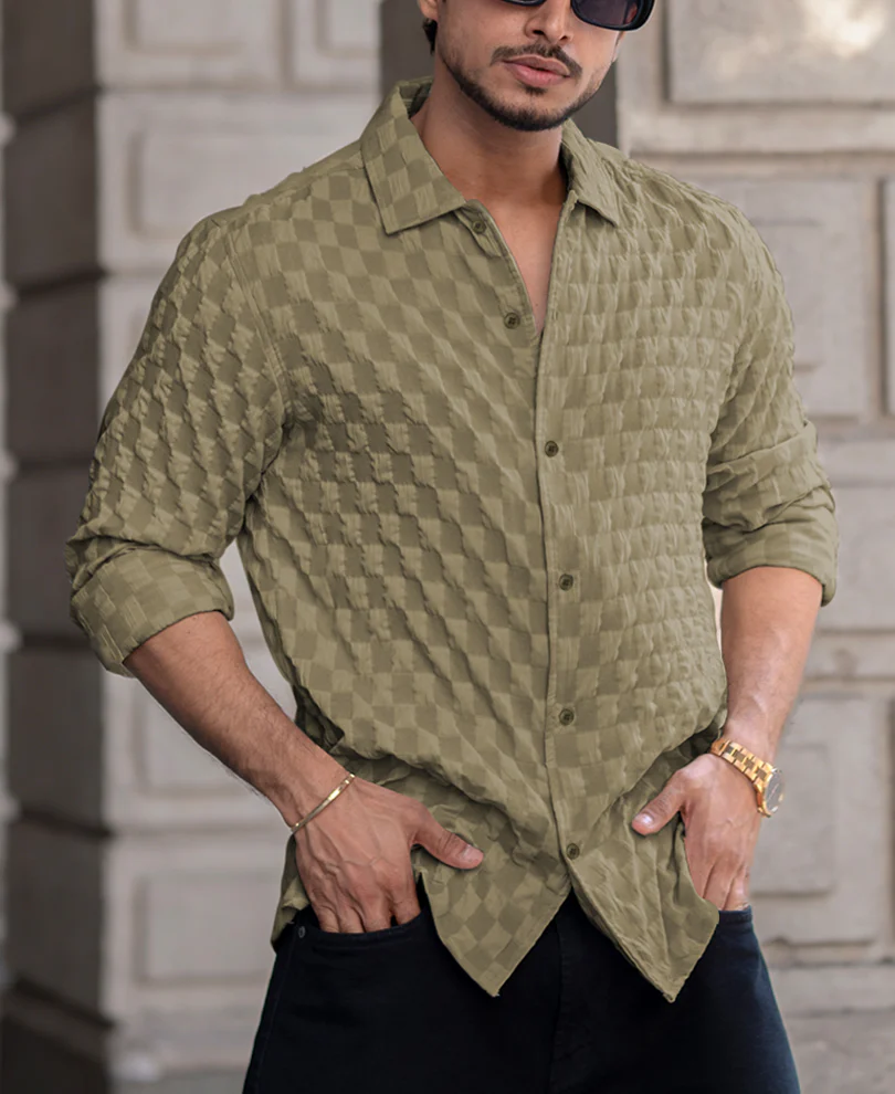 Olive Structured Full Sleeves Regular Fit Shirt - Image 2