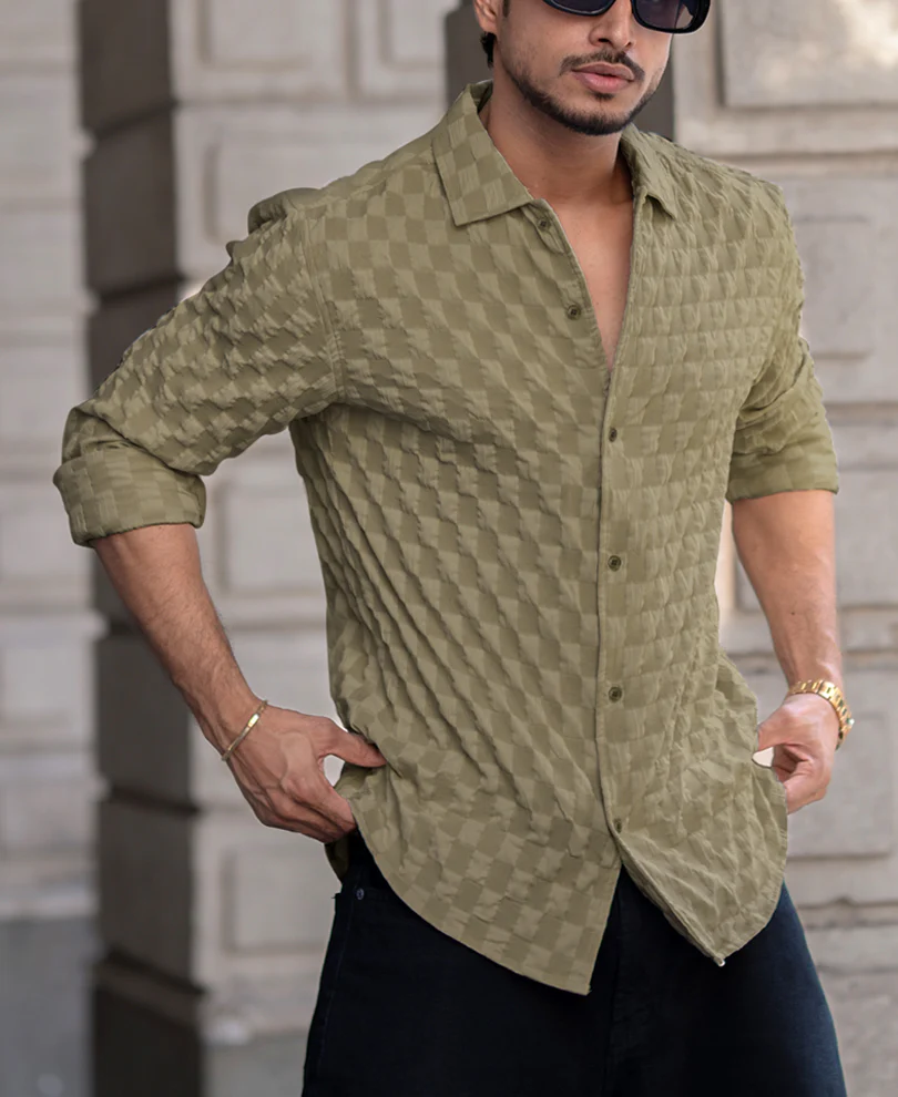 Olive Structured Full Sleeves Regular Fit Shirt - Image 3