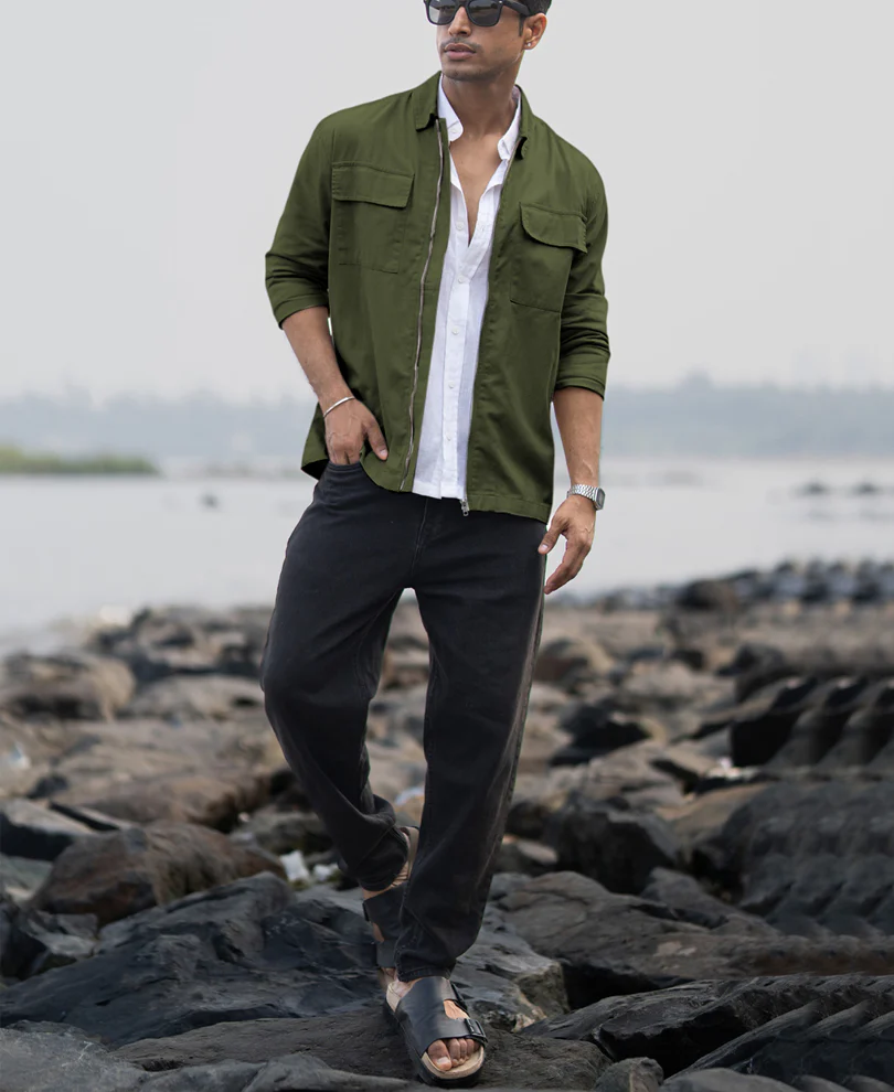 Olive Structured Zipper Overshirt - Image 6