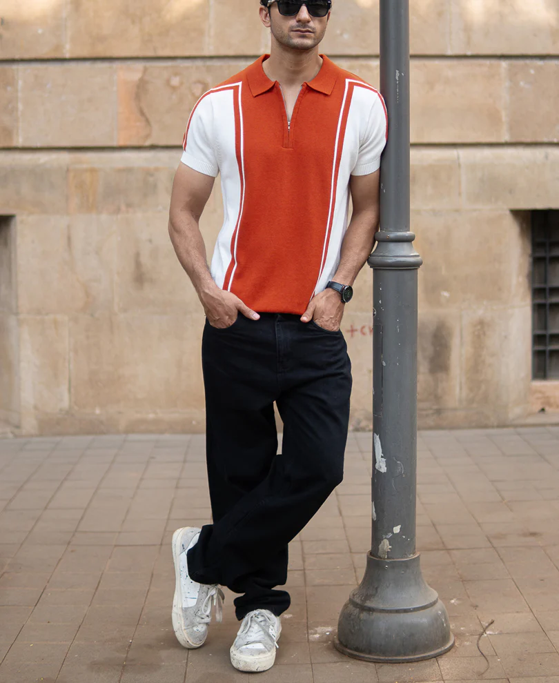 Orange Colour Blocked Polo T-Shirt - Image 6