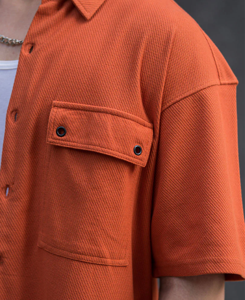 Orange Flap Pocket Knitted Shacket Oversize Drop Shoulder Shirt - Image 3